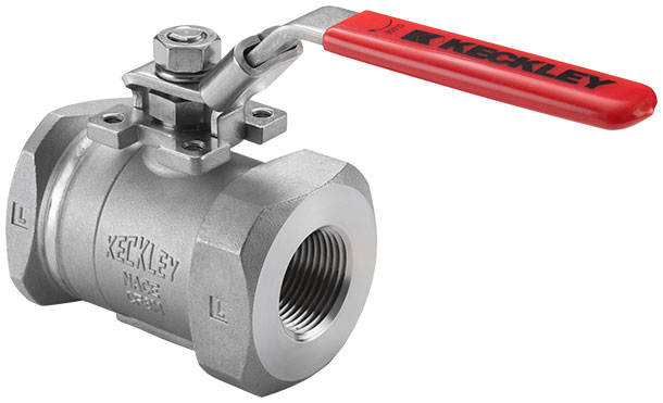 Photo showing a Keckley BVSC seal welded ball valve with NPT threaded end connections.