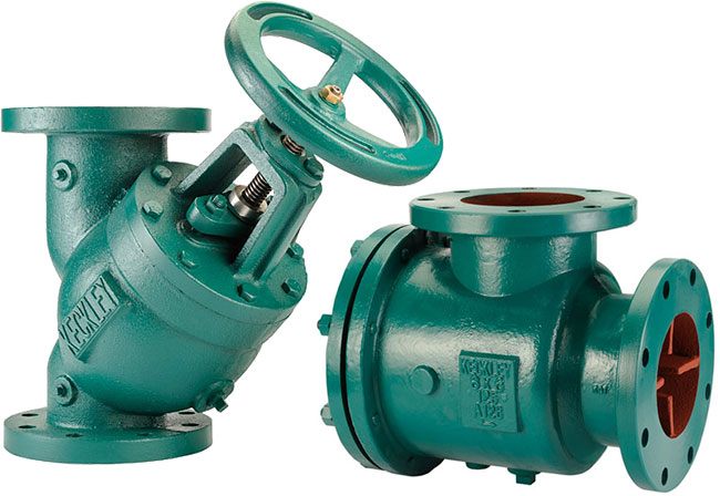 Photo of Keckley PSD and TDV style pump accessories - a suction diffuser and a triple duty valve, respectively.